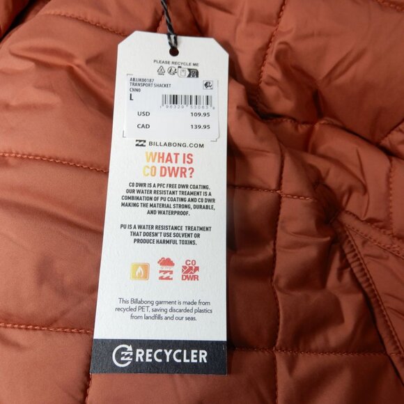 Billabong Transport Shacket Snap Front Overshirt Jacket Size L Rust Quilted NEW - Picture 7 of 12